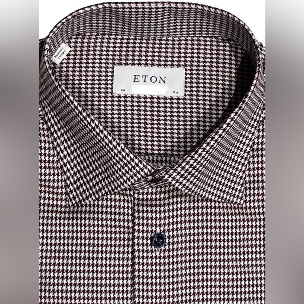 $395 NEW ETON DRESS SHIRT 17.5 44 SLIM FIT BURGUNDY HOUNDSTOOTH